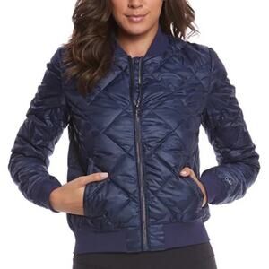 Alo Yoga Idol Quilted Bomber Jacket Navy Blue Camo Size XS Down Puffer Fitted